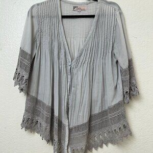Gray Pintuck Crochet Lace Top Coastal Grandma Oversize Boho Whimsigoth Sz Small